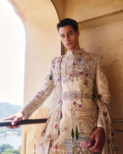 Ivory Raw Silk Sherwani with Embroidered Dupatta & Belt