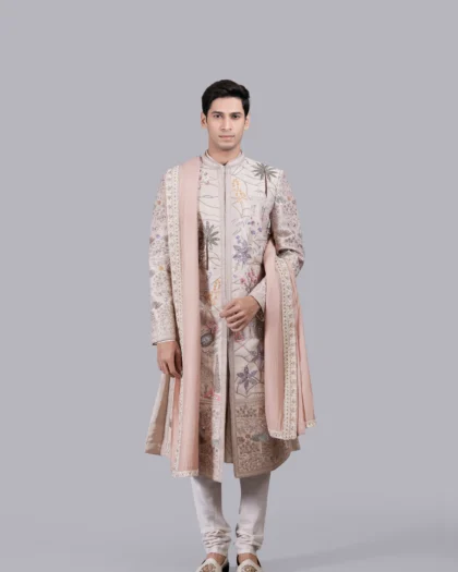 Beige Multi-Silk Hand-Embroidered Sherwani