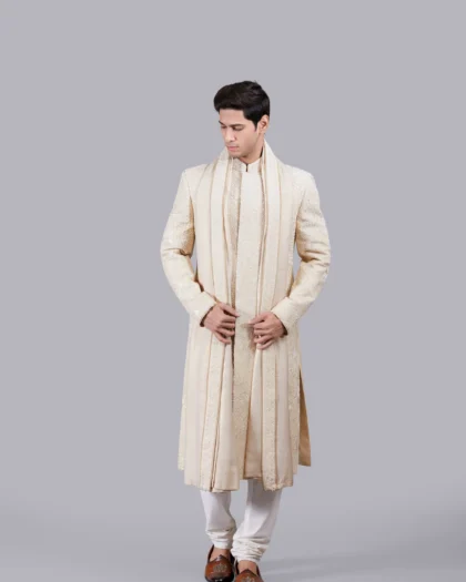 Regal Beige Silk Blend Sherwani-Kurta Set