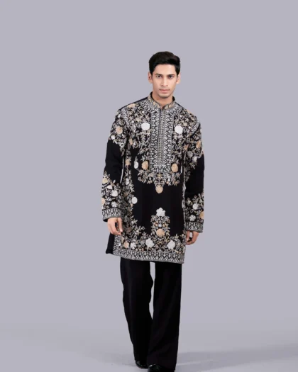 Black Boomariyo Fabric with Silver & Gold Hand Thread Work