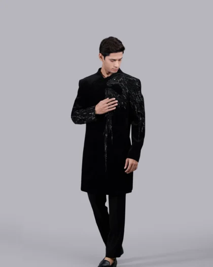 Black Italian Cotton Velvet Outfit with Cutdana and Pearl Work