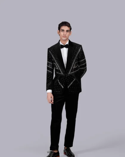 Black Italian Cotton Velvet with Hand, Zardosi & Cutdana Embellishments