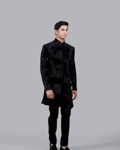 Black Italian Cotton Velvet Outfit with Cutdana and Resham Work
