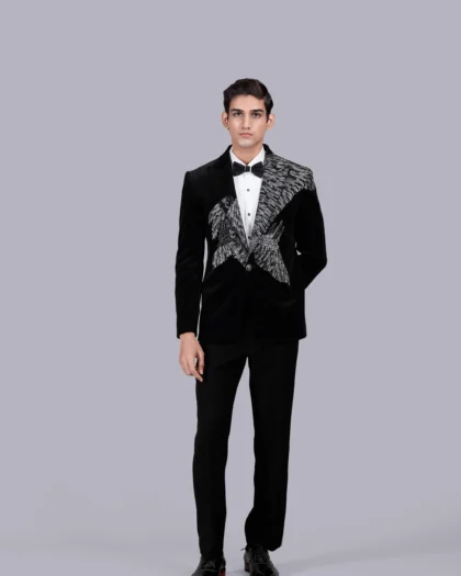 Black Italian Cotton Velvet Fabric with Hand, Sequence, Resham & Zardosi Work