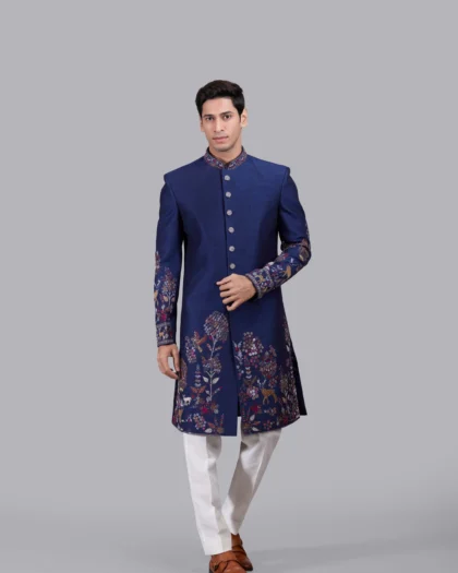 Blue Bhagalpuri Silk Indo Western with Thread & Cutdana Work