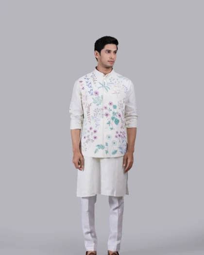 Cream Linen Waistcoat Set with Intricate Embroidery