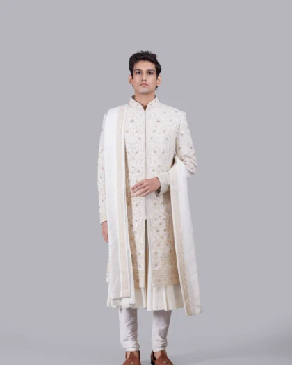 Cream Sherwani in Matka, Bhagalpuri & Chanderi Silk with Intricate Hand Embroidery