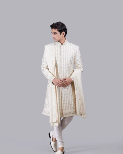 Cream Raw Silk & Chanderi Silk Outfit with Zardosi and Pearl Hand Embroidery