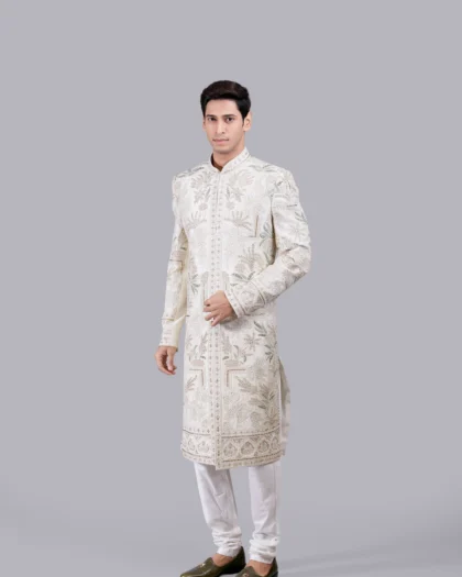 Cream Raw Silk Outfit with Zardosi, Pearl, and Cutdana Hand Embroidery