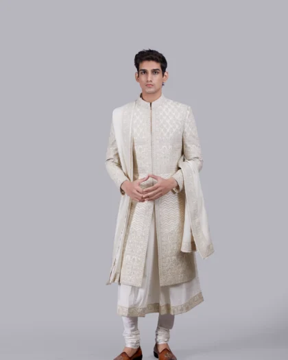 Cream Silk Blend Fabric with Ari, Zari & Cutdana Hand Embroidery