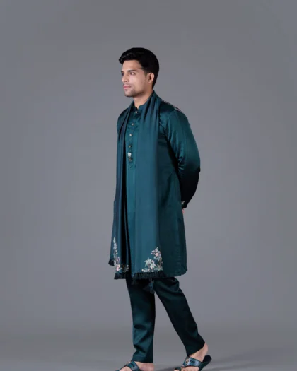 Teal Kurta Set with Floral Embroidery & Matching Dupatta