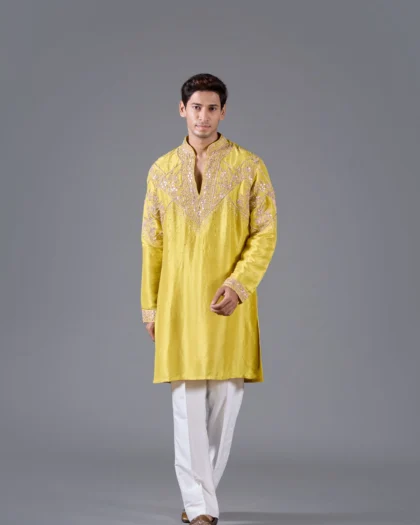 Yellow Linen Silk Kurta with Handwork and Resham Embroidery