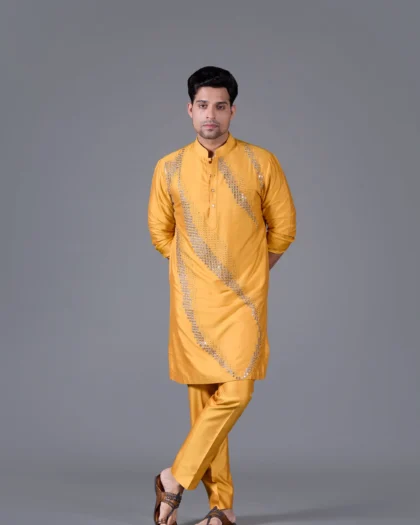 Mustard Yellow Linen Silk Kurta Set with Handwork and Resham Embroidery
