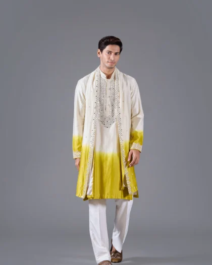 White & Yellow Ombre Kurta Set with Resham Embroidery and Handwork