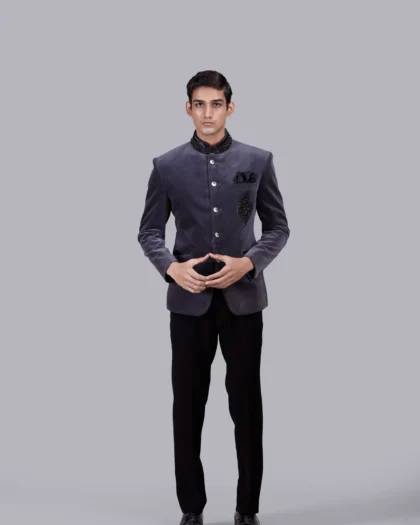 Grey Italian Cotton Velvet Outfit with Cutdana, Pearl & Stone Work