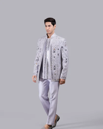 Grey Raw Silk Outfit with Mirror & Thread Work