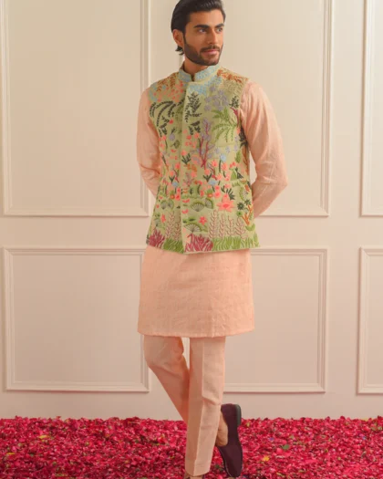 Mint Green Thread Embroidered Nehru Jacket