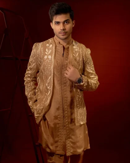 Organza Jacket with Brown Silk Kurta Pajama Set