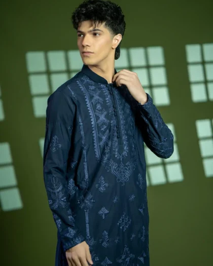 Navy Blue Wash & Wear Kurta with Embroidery