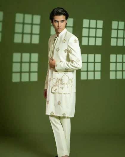 Cream Prince Coat with Embroidered Kurta Pajama