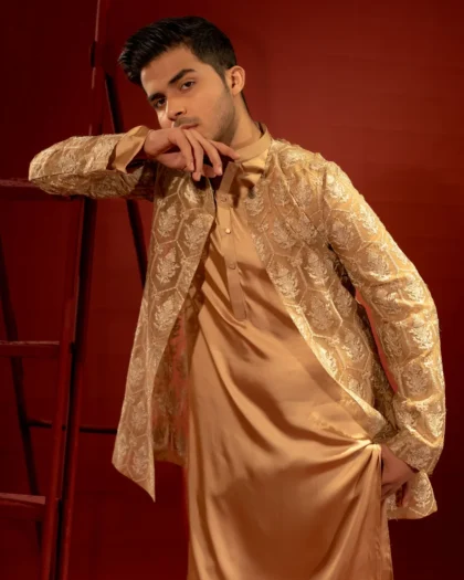 Light Gold Organza Jacket with Embroidered Kurta Pajama