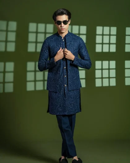 Blue Embroidered Front-Open Kurta Pajama with Waistcoat