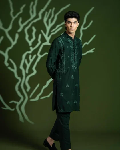 Green Embroidered Kurta Pajama in Wash-and-Wear Fabric