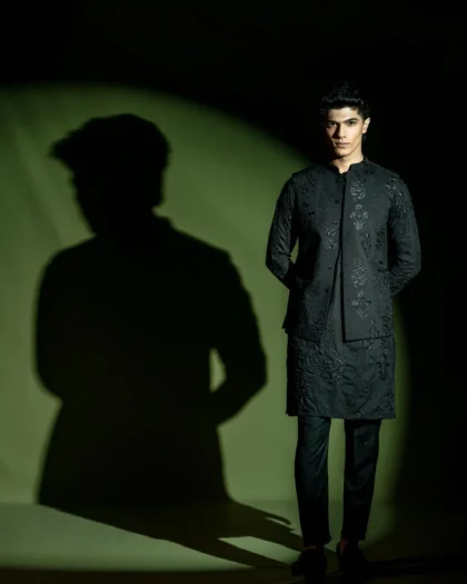 Black Embroidered Kurta Pajama with Open Waistcoat