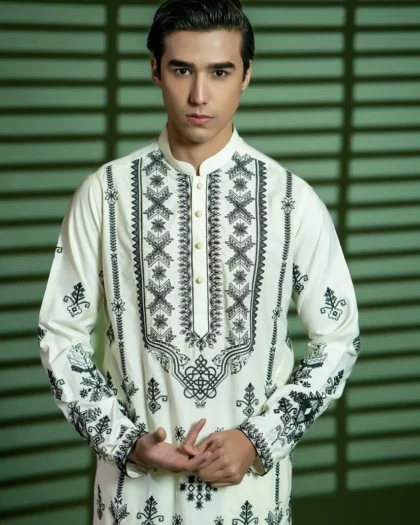 Cream Wash-and-Wear Kurta Pajama with Black Embroidery