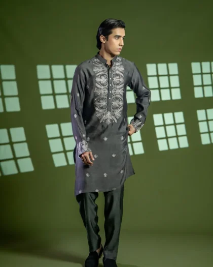 Grey Cotton Net Kurta Pajama with Floral Embroidery